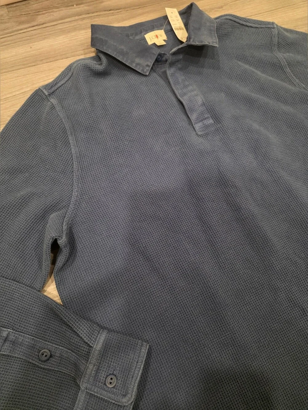 $138 J.Crew Men waffle knit rugby shirt Navy blue long sleeve polo shirt size L